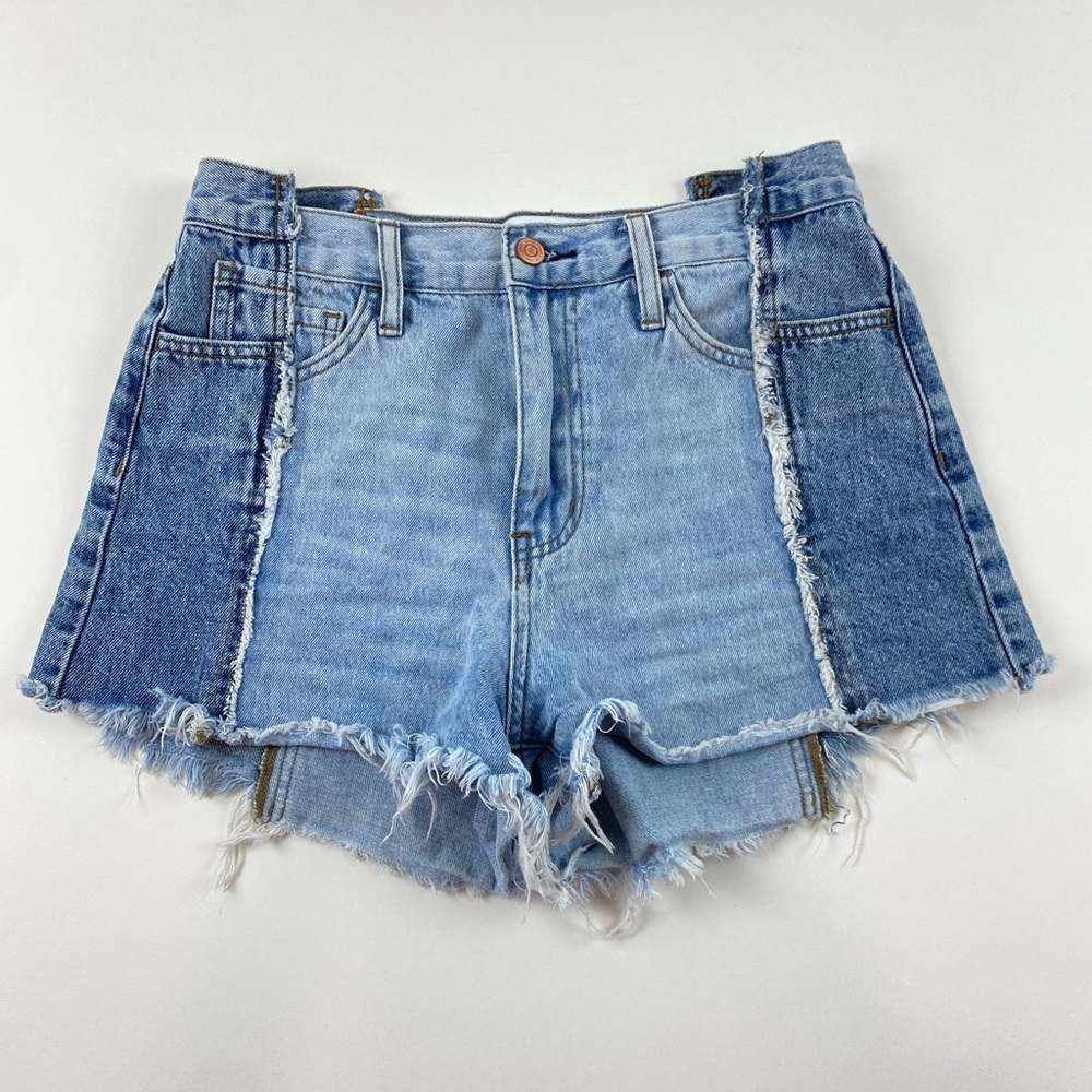 Flying Monkey High Rise Shorts 27 Blue Jean Denim Distressed Cut Off Patchwork